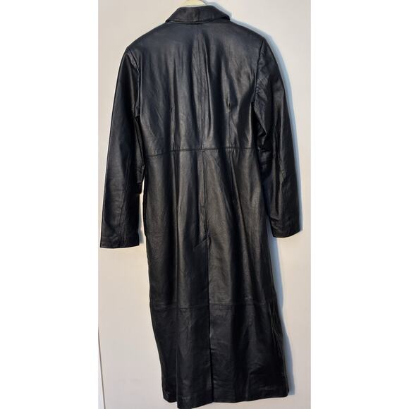 Vintage Newport News Leather Trench Coat Black Size M Long Classic Button Lined - Picture 2 of 7